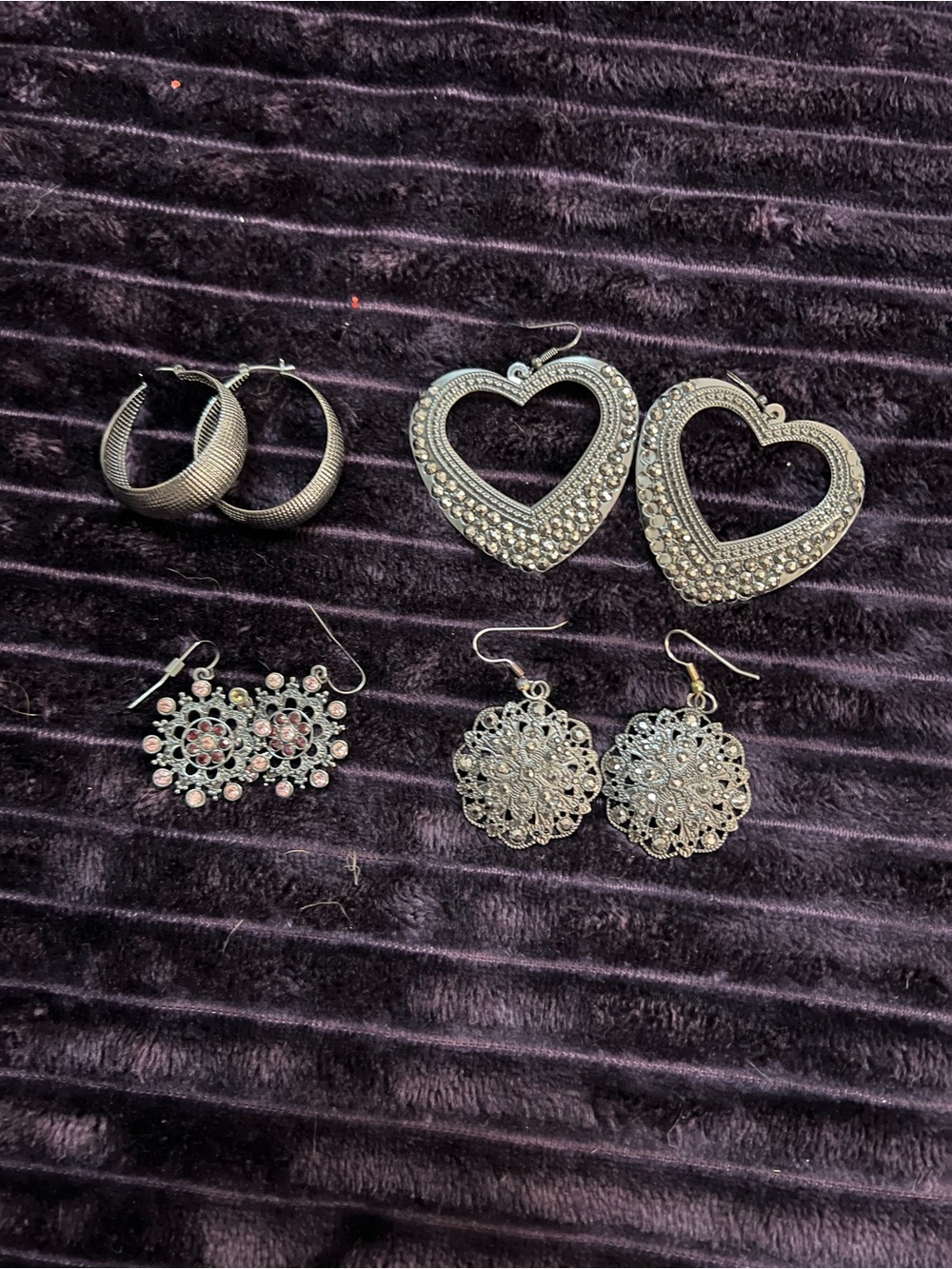 FOUR pair of Silver-Tone Women's Earring Set — Heart, Filigree & Hoop Styles